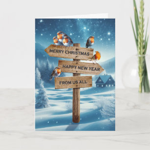 From Us All Christmas Robins on a Signpost Holiday Card