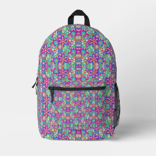 Front and back view of a colourful backpack