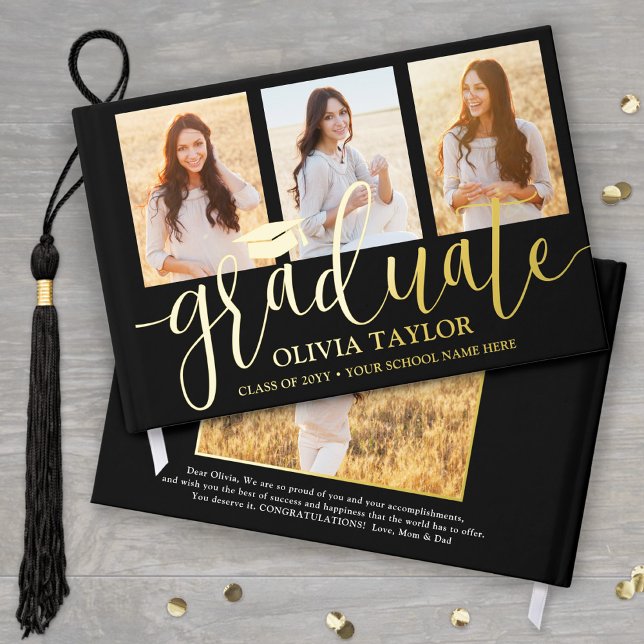 Front & Back Photos Graduation Black Keepsake Real Guest Book (Creator Uploaded)