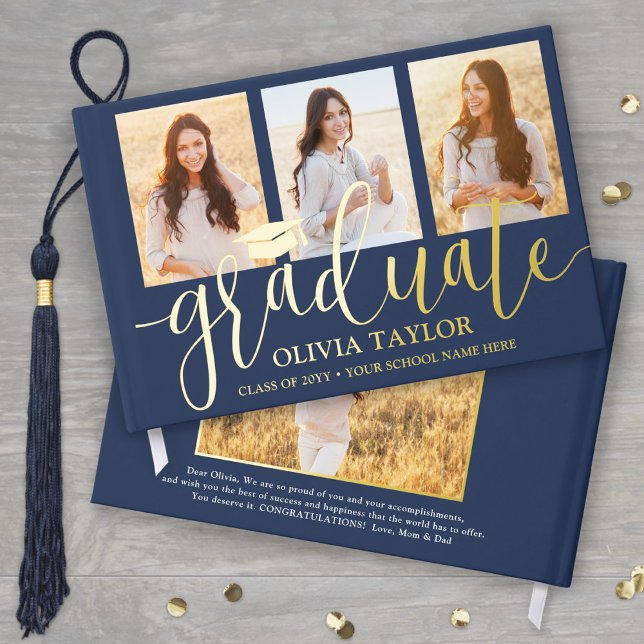 Front & Back Photos Graduation Navy Blue Keepsake Guest Book (Creator Uploaded)
