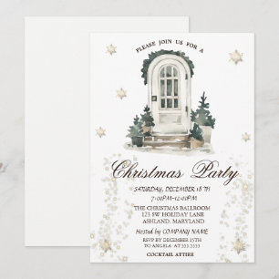 Front Door Pine Tree Gold Snowflakes Party Invitation