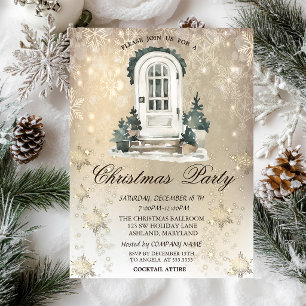 Front Door Pine Tree Snowflakes Gold Party Invitation