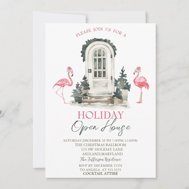 Front Door Pink Flamingos Holiday Open House  Invitation (Front)