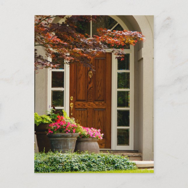 Front Door Wood Closed Real Estate Pot Flowers Postcard (Front)