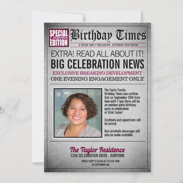 Front Page Newspaper Birthday Party Invitation (Front)