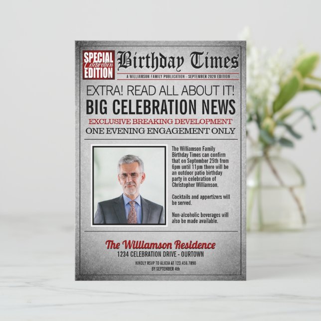 Front Page Newspaper Birthday Party Invitation (Standing Front)