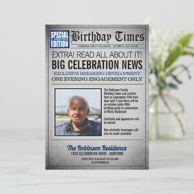 Front Page Newspaper Birthday Party Invitation (Standing Front)