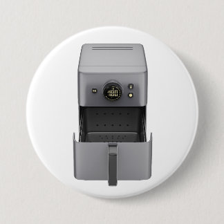 Front view of an open, empty air fryer 7.5 cm round badge