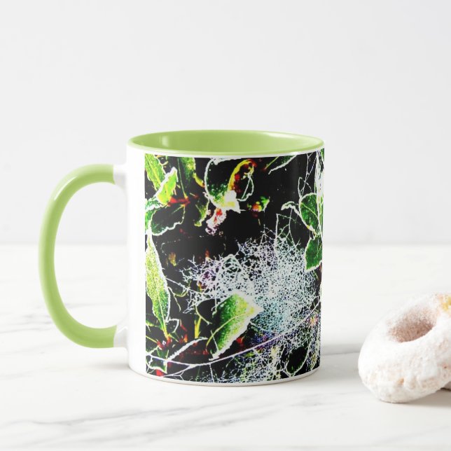 frost and cobwebs holly and berries for christmas mug (With Donut)