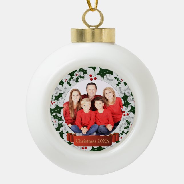 Frost and Holly Wreath Photo Frame Ceramic Ball Christmas Ornament (Front)