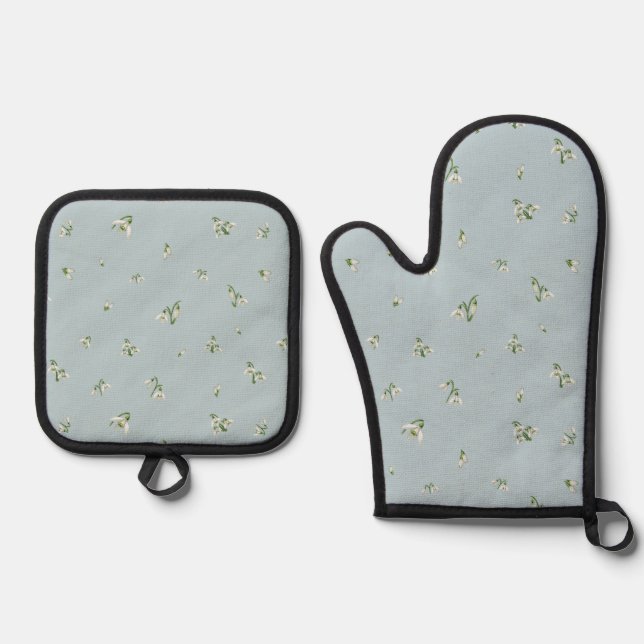Frost Blue Japanese Snowdrop Floral Pattern Oven Mitt & Pot Holder Set (Front)