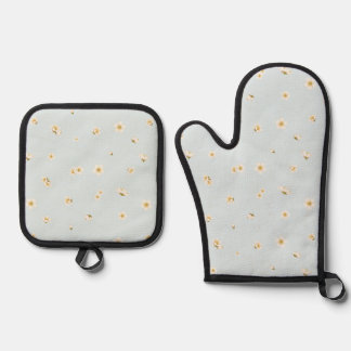 Frost Blue White Plum Blossom Floral Pattern Oven Mitt & Pot Holder Set
