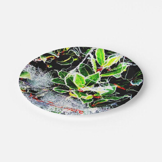 frost covered holly and berries christmas paper plate (Angled)