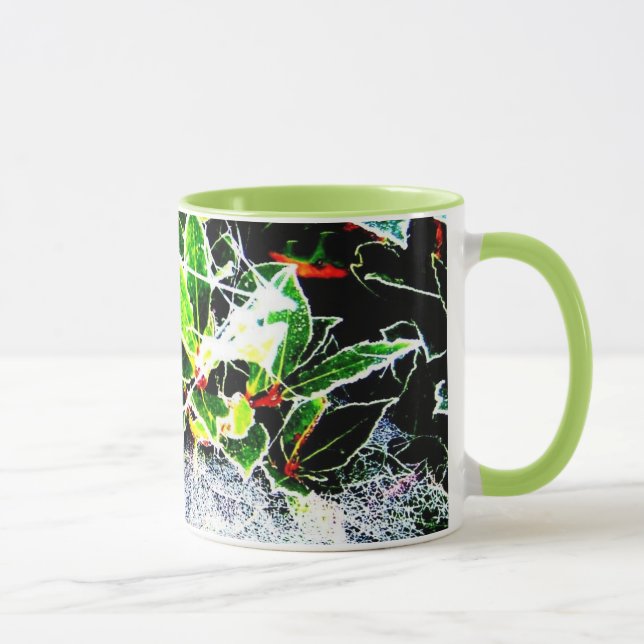 frost covered holly and cobweb photo christmas mug (Right)