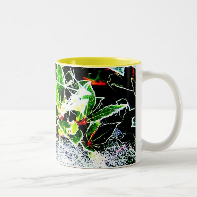 frost covered red berries and holly for christmas Two-Tone coffee mug (Right)