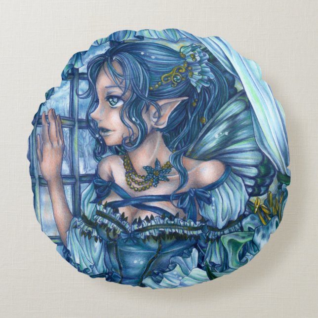 Frost Fairy Girl's View of a Sapphire Winter Round Cushion (Front)