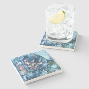 Frost Fairy Girl's View of a Sapphire Winter Stone Coaster