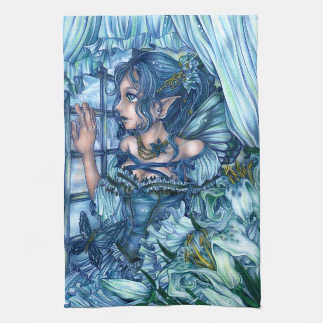 Frost Fairy Girl's View of a Sapphire Winter Tea Towel (Vertical)