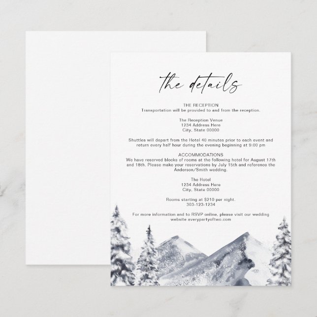 FROST Mountain Ski Winter Wedding Details Card (Front/Back)