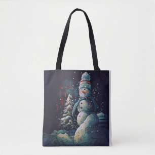 FROST THE SNOWMAN ON A DARK WINTER NIGHT TOTE BAG