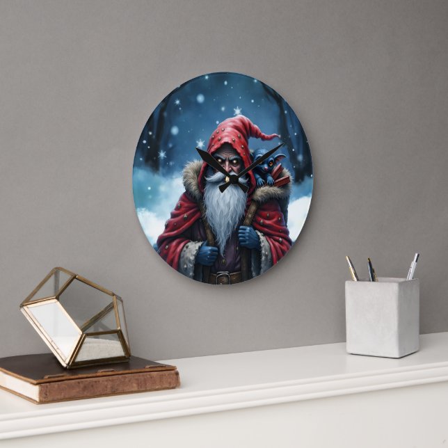 Frostbite Santa & His Mischief Elf. Large Clock (Office)