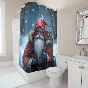 Frostbite Santa & His Mischief Elf. Shower Curtain