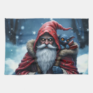 Frostbite Santa & His Mischief Elf. Tea Towel