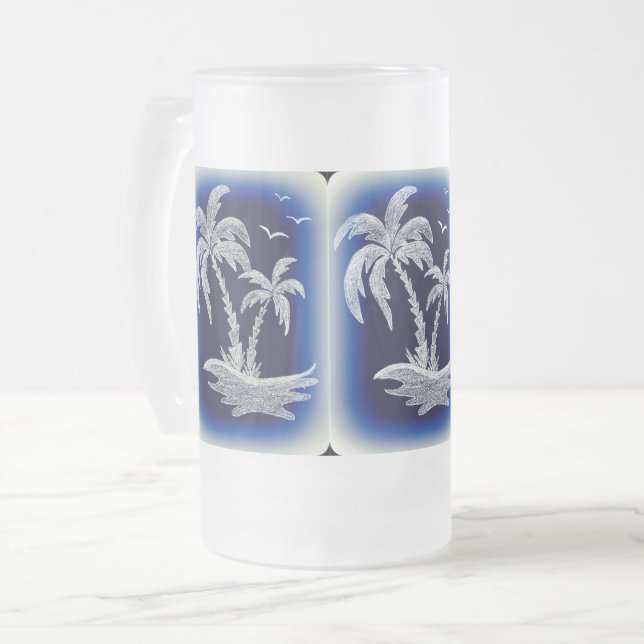 Frosted 16 oz Glass Tall Mug with Palm Trees (Front Left)