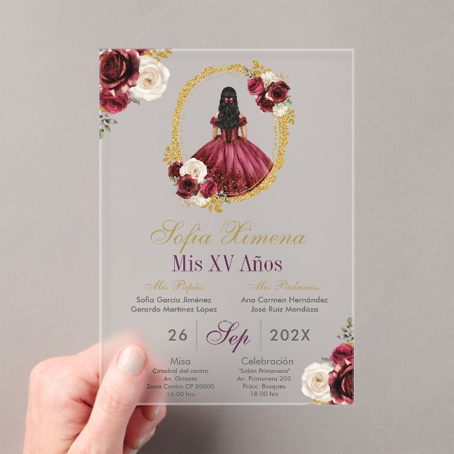 Frosted Acrylic Cherry Red Quinceañera Invitation (Insitu (Handheld))