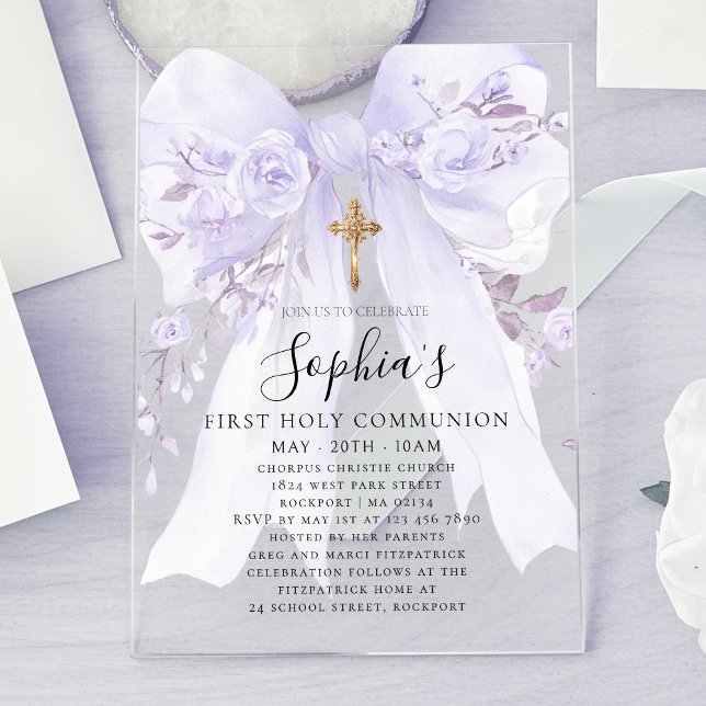Frosted Acrylic Purple Bow Rose First Communion Invitations (Creator Uploaded)