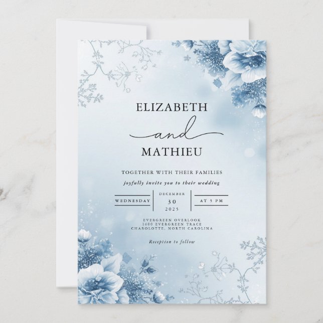 Frosted Azure Floral Bloom Wedding Invitation (Front)