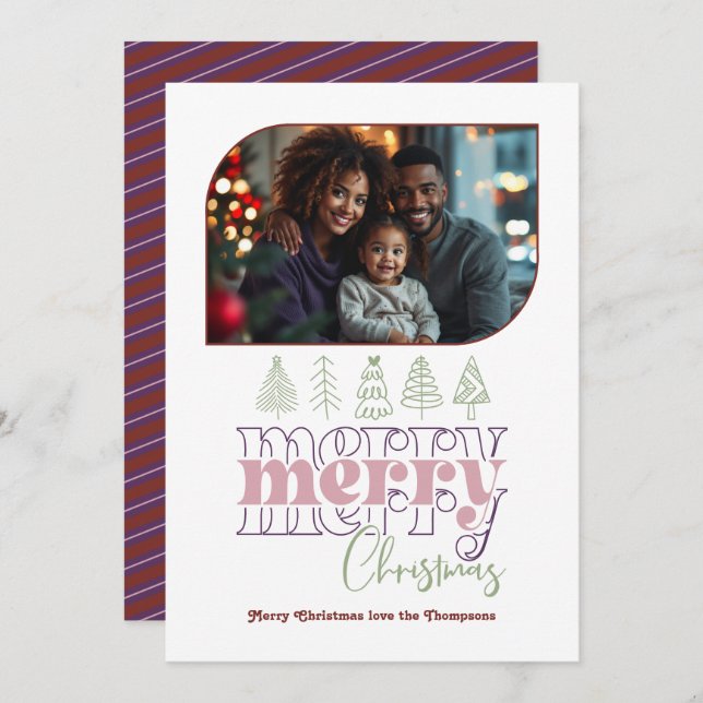 Frosted Berry Modern Retro Doodle Christmas Photo Holiday Card (Front/Back)