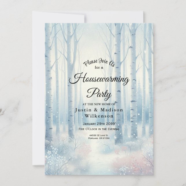  Frosted Blue Birch Forest Housewarming Party Invitation (Front)