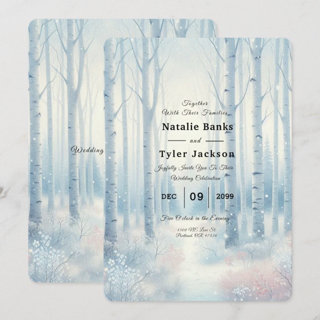 Frosted Blue Birch Forest Wedding Invitation (Front/Back)