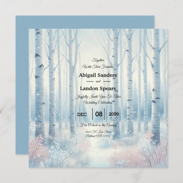 Frosted Blue Birch Forest Wedding Invitation (Front/Back)