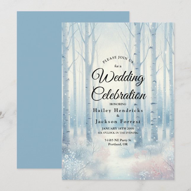 Frosted Blue Birch Forest Wedding Invitation (Front/Back)