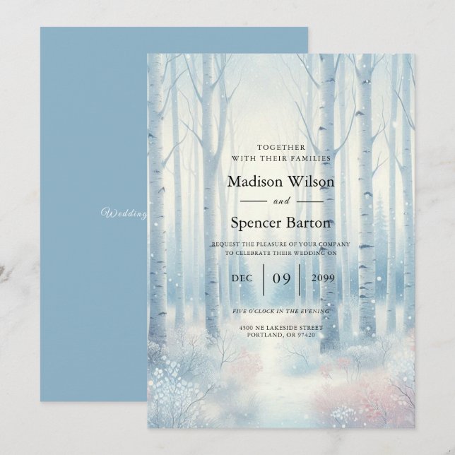 Frosted Blue Birch Forest Wedding Invitation (Front/Back)