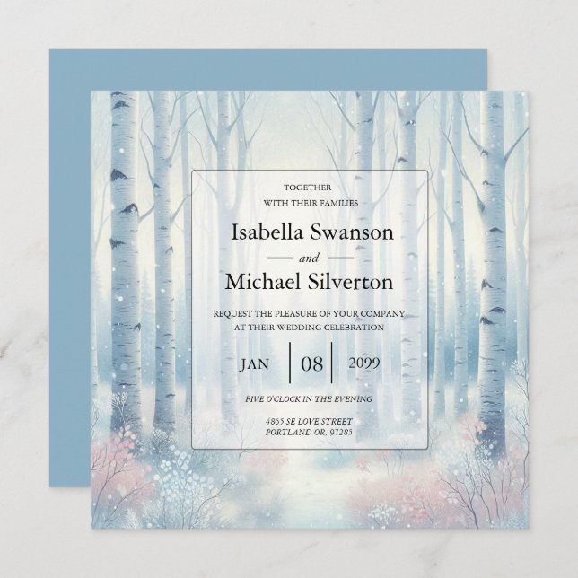 Frosted Blue Birch Forest Wedding Invitation (Front/Back)