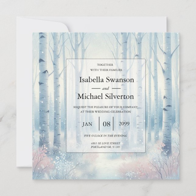 Frosted Blue Birch Forest Wedding Invitation (Front)