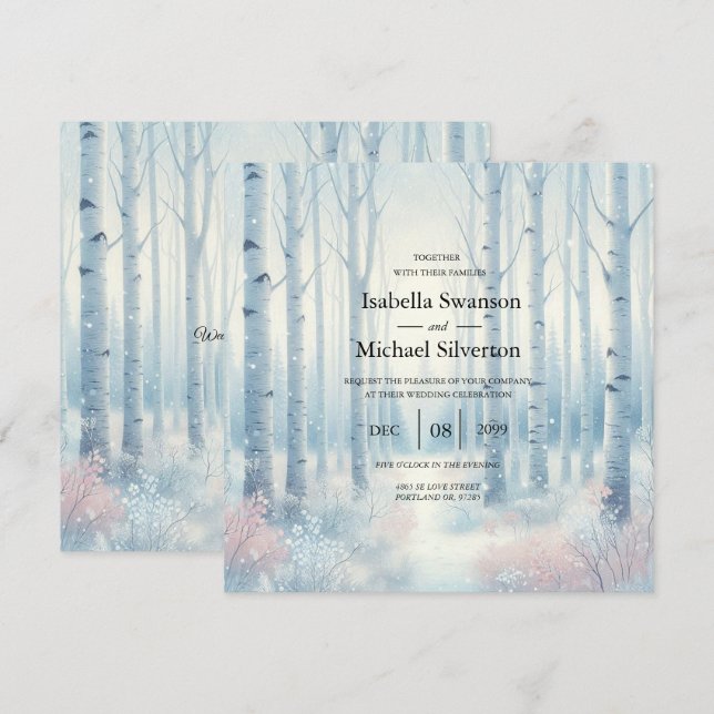 Frosted Blue Birch Forest Wedding Invitation (Front/Back)