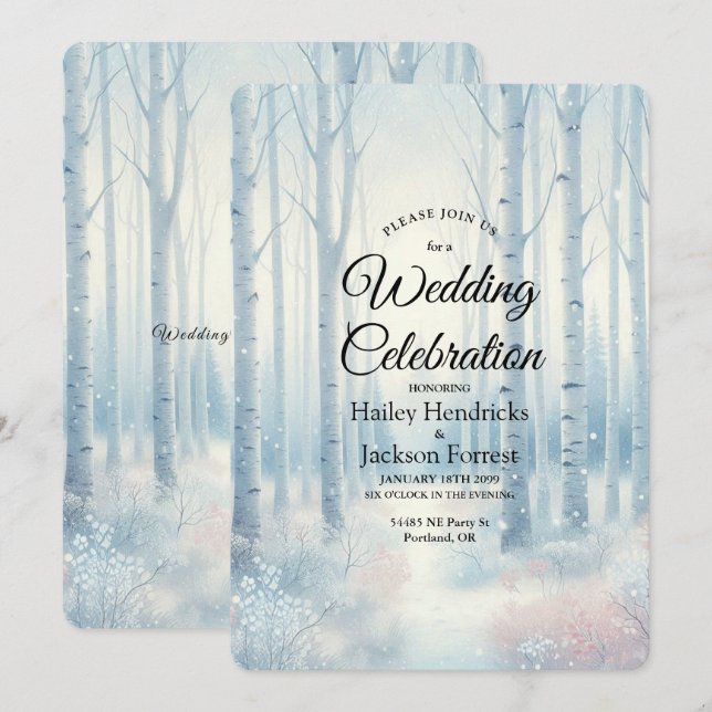Frosted Blue Birch Forest Wedding Invitation (Front/Back)