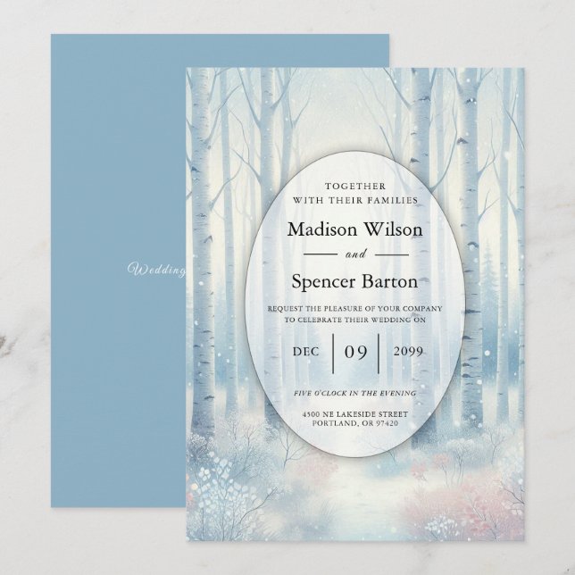 Frosted Blue Birch Forest Wedding Invitation (Front/Back)