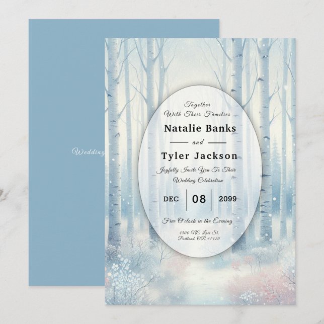 Frosted Blue Birch Forest Wedding Invitation (Front/Back)