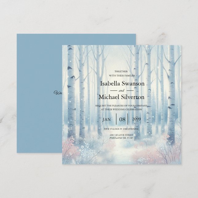 Frosted Blue Birch Forest Wedding Invitation (Front/Back)