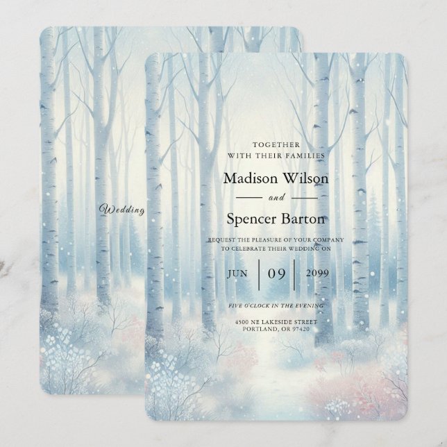 Frosted Blue Birch Forest Wedding Invitation (Front/Back)