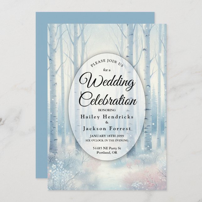 Frosted Blue Birch Forest Wedding Invitation (Front/Back)