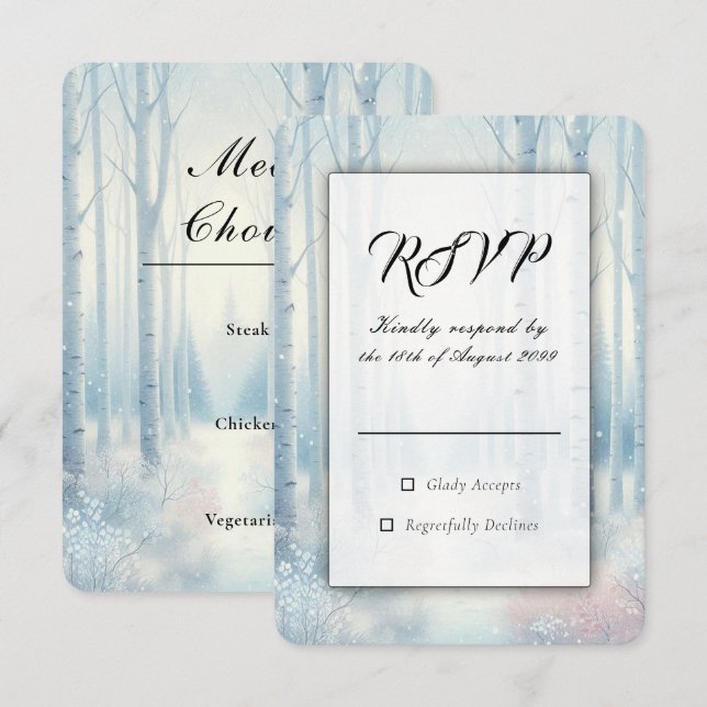 Frosted Blue Birch Forest Wedding RSVP Card (Front/Back)