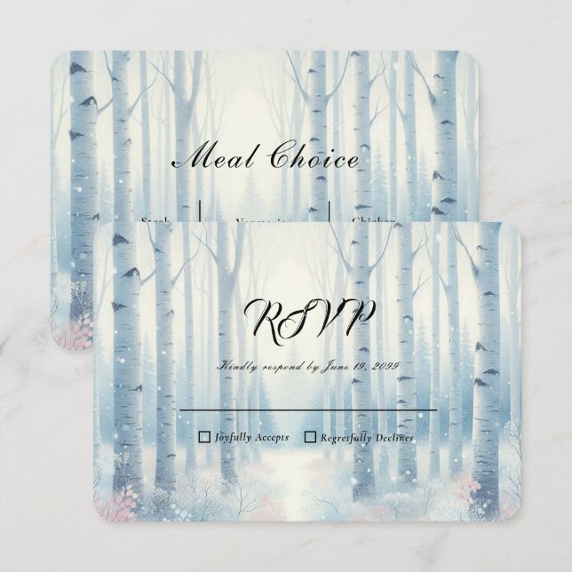 Frosted Blue Birch Forest Wedding RSVP Card (Front/Back)