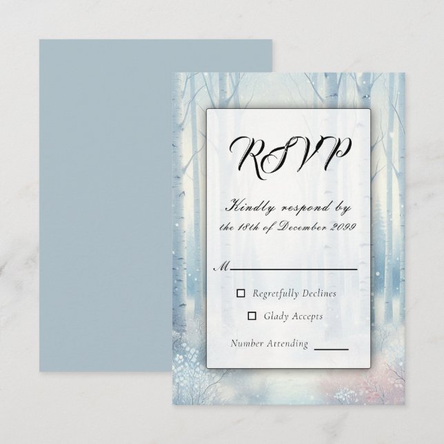 Frosted Blue Birch Forest Wedding RSVP Card (Front/Back)