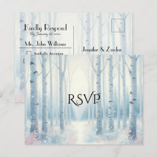 Frosted Blue Birch Forest Wedding RSVP Invitation Postcard
